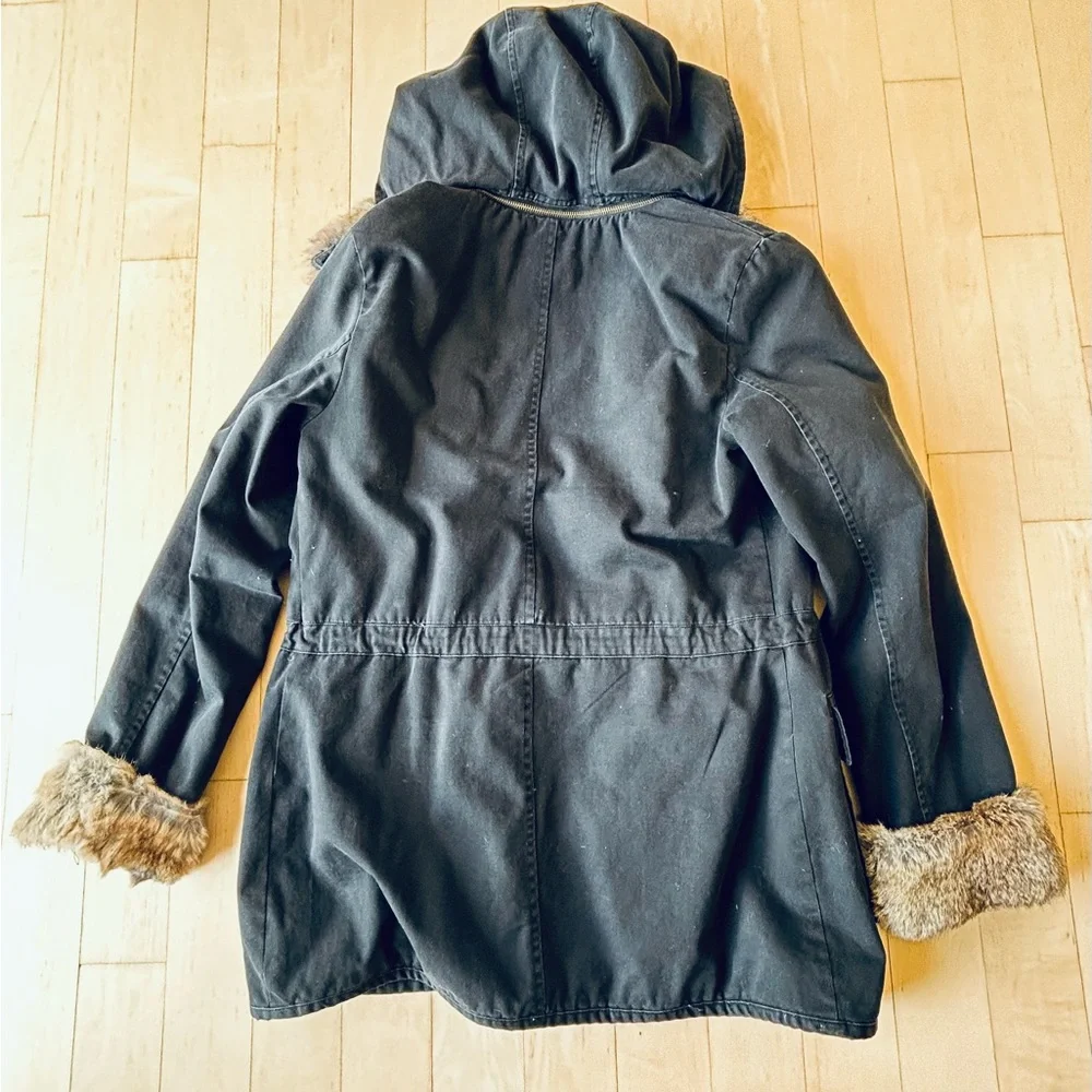 Twilltwentytwo Black Cotton/Canvas Coat with Faux Fur Trim - Detachable Hood, M